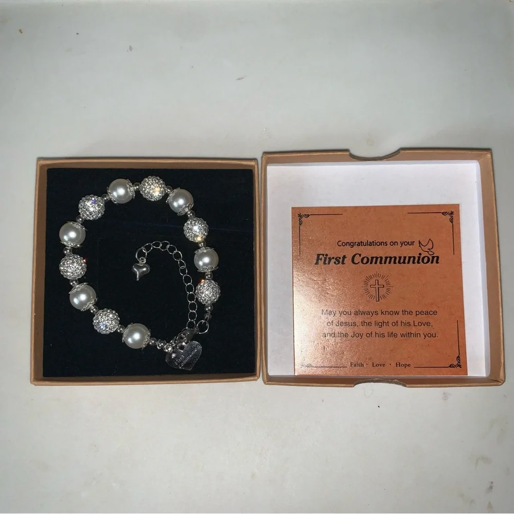 First Communion White Bead Charm Bracelet Handmade Jewelry